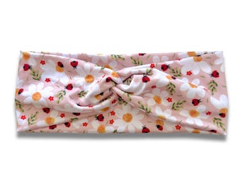 Daisies & Ladybugs Headband (or removable tie option), floral bow headband, twist headband, adult headwrap, bandeau pour fille