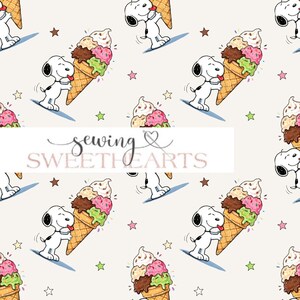 May include: A repeating pattern featuring Snoopy from Peanuts cartoon series with a large ice cream cone. The ice cream has chocolate, pink, and green scoops. The background is light beige with star shapes. The text "sewing & SWEETHEARTS" is at the bottom.