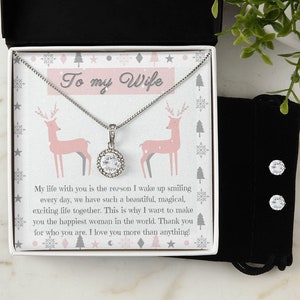 Femme Boucle d’oreille de Noël et collier cadeau / Avec carte de message / Cadeau de Noël / Cadeau du mari / Cerf rose