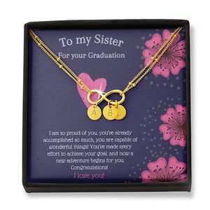 Sister’s Graduation Gold Infinity Bracelet Gift / Avec carte de message bleue et rose / Bijoux pour graduation / Bracelet Charms / Meilleur cadeau