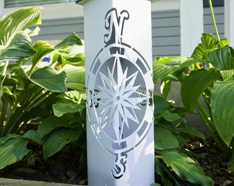 Solar Garden Column, Compass Rose Yard Light, Corten Steel Outdoor Decor, Metal Post Lantern, Landscape Lighting, Nautical Gift, Zen Garden