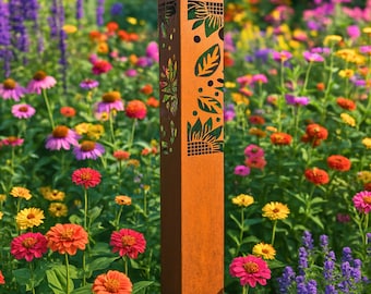Lighted Garden Column | Metal Garden Lantern | Outdoor Columns Light | Patina Steel Garden Art | Rustic Yard & Patio Decor | Well Cover