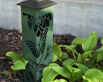 Butterfly Solar Garden Light – White or Green Powder-Coated Metal Yard Decor – Outdoor Solar Accent for Flower Beds & Pathways, Patina Steel