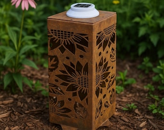 Large Mandala Sunflower Garden Column with Solar Light | Rustic Metal Yard Art | Perfect for Garden Decor, Well Covers, and Unique Gifts