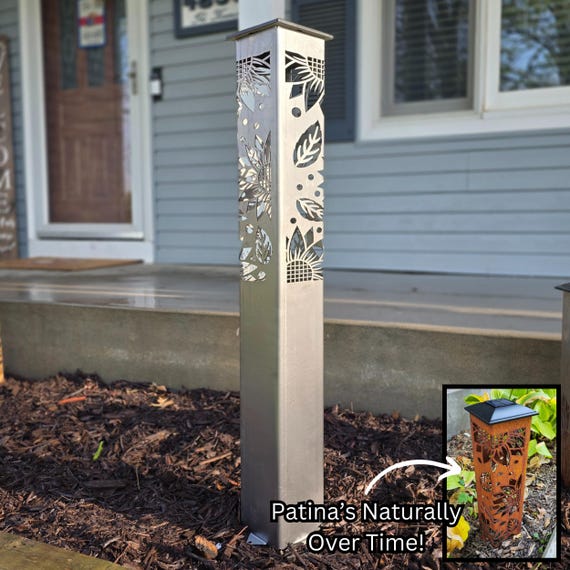 Garden Column - Lighted Column, Garden Decor, Lighted Walkway, Statue, Flower, Mandala, Metal Decor, Landscape Art Zen Garden Pillar Outdoor