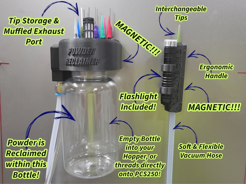 May include: A black powder reclaimer with a clear bottle, a magnetic tip storage and a soft flexible vacuum hose. The reclaimer has a built-in flashlight and a magnetic tip. "POWDER RECLAIMER" is printed on the reclaimer.