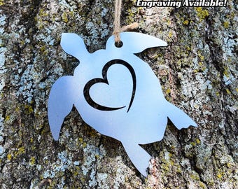 Sea Turtle Ornament with Heart - Metal Ornament Gift for Christmas, Sea Life, Travel Memories, Rustic Patina, Garden Decor, Outdoor Ornament