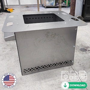 May include: A metal fire pit with a square top and a cutout design on the front. The fire pit is made of steel and has a black finish. The fire pit is sitting on a concrete surface. The fire pit is designed to be used outdoors. The fire pit is made in the USA. The fire pit is available for download in DXF, SVG, and PDF formats.