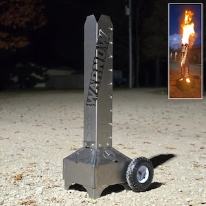 May include: A tall, silver-coloured metal fire pit with a vertical chimney structure featuring the text "WARNOWN" cut into the side. The base is square with a single black rubber tyre attached to one side, and an inset shows the unit emitting flames.