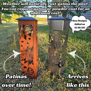Two decorative metal posts in a grassy yard: one with a rusted patina, the other shiny and new. Text mentions patina options and new designs added on 12/10/24.