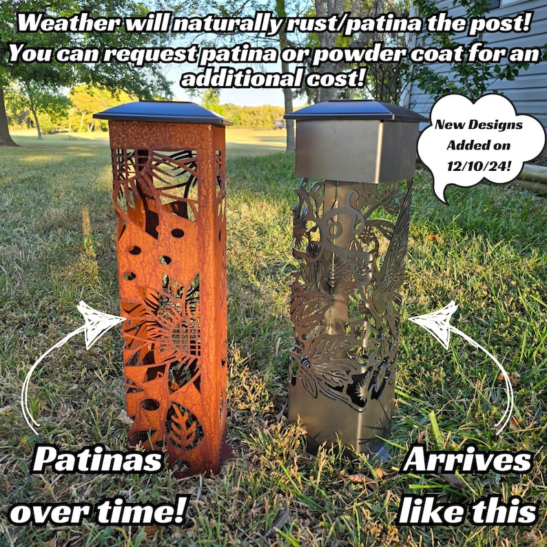 Two decorative metal posts in a grassy yard: one with a rusted patina, the other shiny and new. Text mentions patina options and new designs added on 12/10/24.