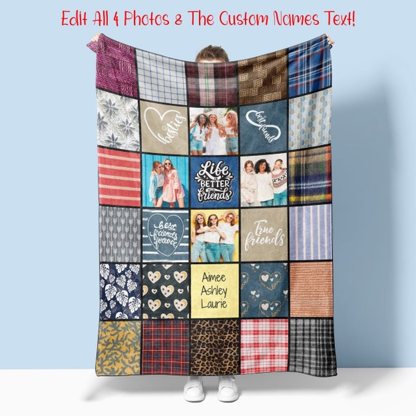 Personalized Quilt-Style Photo Blanket, Gift for Best Friend, Fleece or Sherpa Throw for Bestie,  Present For BFF, Home Décor (Quilt2)