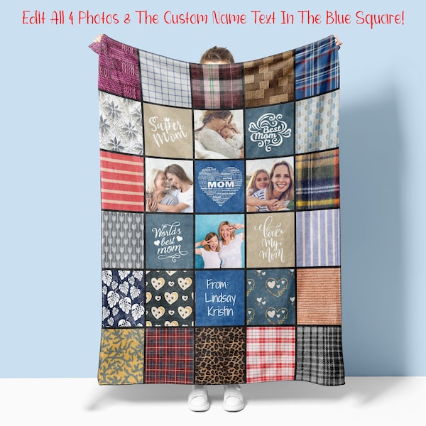 Gift For Mom Personalized Photo Blanket Quilt Pattern,  Mother's Day Gift, Mom Birthday or Christmas Gift Ideas From the Kids (Quilt10)