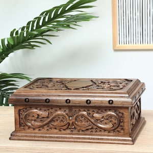 Handcrafted Wooden Treasure Box with Secret Lock, Large Wooden Box with Key, Carved Wooden Chest, Walnut Keepsake Box, Wooden Locking Box