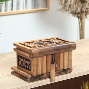 Secret Lock Jewelry Box with Key, Hand Carved Wooden Puzzle Box, Wooden Chest with Lock, Carved Keepsake Box, Treasure Chest