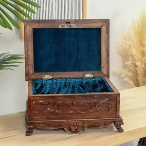Secret Lock Wooden Jewelry Box, Carved Wooden Chest, Wooden Locking Box, Wooden Jewelry Box with Key, Carved Keepsake Box, Storage Chest
