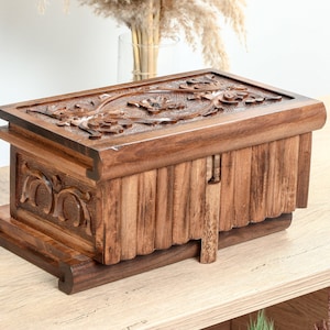 Hand Carved Puzzle Box, Jewelry Box with Key, Wooden Carved Chest, Secret Lock Jewelry Box with Hidden Key, Vintage Treasure Chest