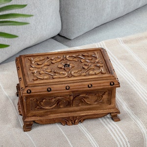 Wooden Jewelry Box with Secret Lock and Key, Hand Carved Walnut Storage Chest, Wooden Chest with Lock, Keepsake Box, Treasure Chest