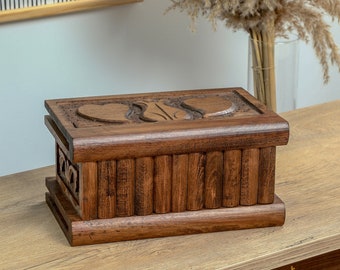 Large Hand Carved Magic Box, Puzzle Box with Secret Key, Walnut Treasure Chest, Wooden Jewelry Box with Key, Heart Engraved Keepsake Box