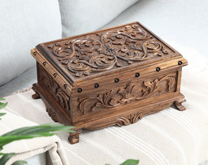 Unique Lock Box Wooden Secret Lock Box, Large Jewelry Box With Key, Carved Keepsake Box ...