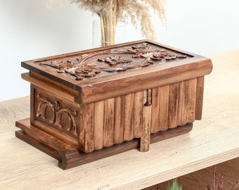 Hand Carved Puzzle Box, Jewelry Box with Key, Wooden Carved Chest, Secret Lock Jewelry Box with Hidden Key, Vintage Treasure Chest
