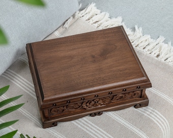 Large Wooden Jewelry Box with Hidden Button, Carved Storage Chest, Handmade Keepsake Box, Walnut Treasure Chest, Flower Engraved Jewelry Box