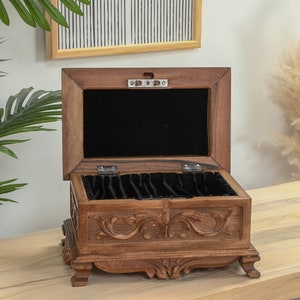 Wooden Carved Jewelry Box, Handmade Wood Treasure Chest, Keepsake Box with Key, Hand Carved Wooden Secret Lock Box, Walnut Storage Chest