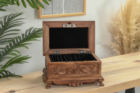 Wooden Carved Jewelry Box, Handmade Wood Treasure Chest, Keepsake Box with Key, Hand Carved Wooden Secret Lock Box, Walnut Storage Chest