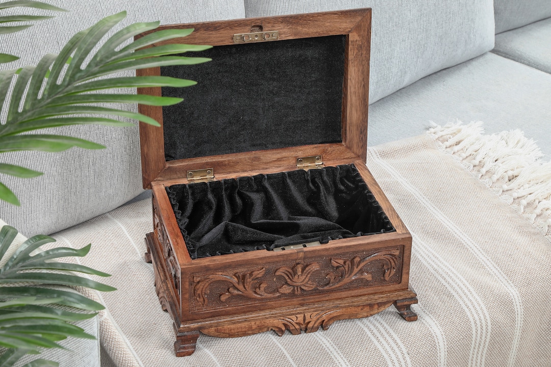 Handmade Wood Jewelry Box, Large Storage Box With Lock, Wood Carving ...