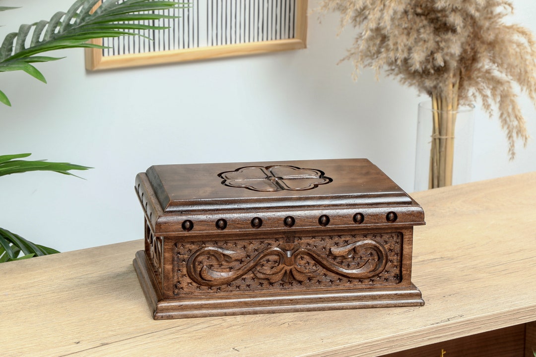 Handmade Wooden Carved Jewelry Box, Treasure Chest With Hidden Lock ...