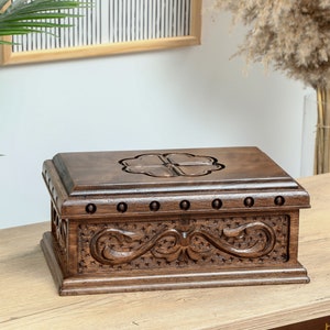 Handmade Wooden Carved Jewelry Box, Treasure Chest with Hidden Lock, Carved Keepsake Box, Wooden Locking Box, Wedding Decor