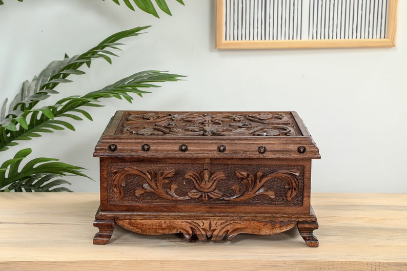 Secret Lock Wooden Jewelry Box, Carved Wooden Chest, Wooden Locking Box ...
