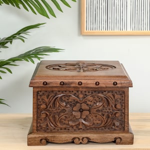 Elegant Wood Box with Secret Lock, Walnut Treasure Chest, Engraved Jewelry Box, Large Wooden Box with Key, Carved Keepsake Box