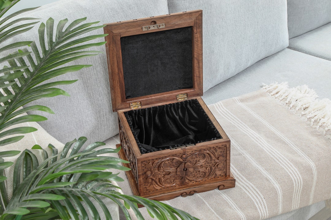Hand Carved Walnut Wood Jewelry Box, Secret Lock Jewelry Box With ...