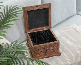 Hand Carved Walnut Wood Jewelry Box, Secret Lock Jewelry Box with Hidden Key, Large Memory Box, Wooden Chest for Treasure, Keepsake Box