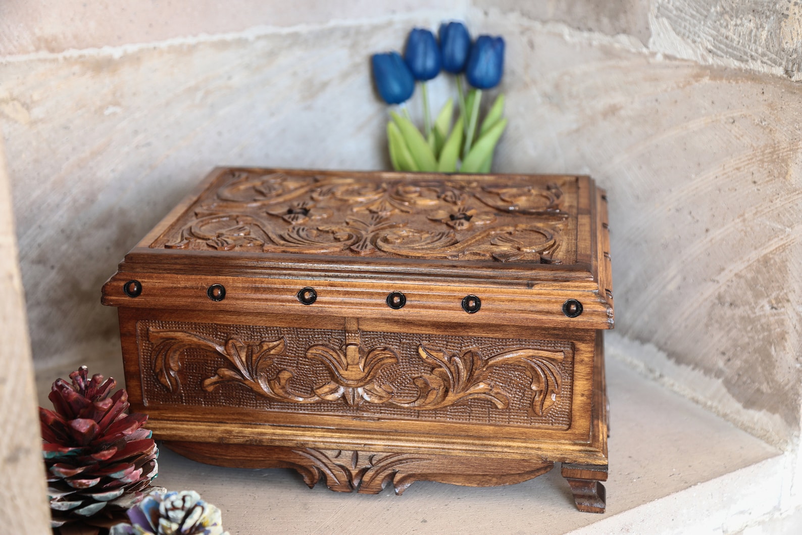 Secret Lock Wooden Box, Carved Wooden Chest, Wooden Locking Box, Wooden Jewlery Box With Key