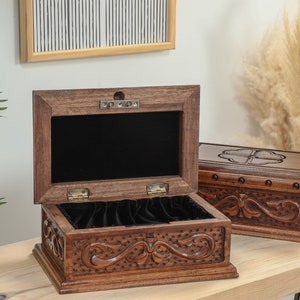Wooden Jewelry Box, Hand Carved Storage Box, Wooden Treasure Chest, Secret Key Lock Box, Jewelry Box with Key, Wooden Keepsake Box