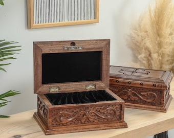 Holz Schmuckschatulle, handgeschnitzte Aufbewahrungsbox, Holz Schatzkiste, geheime Schlüssel Lock Box, Schmuckschatulle mit Schlüssel, Holzkiste Erinnerungsbox