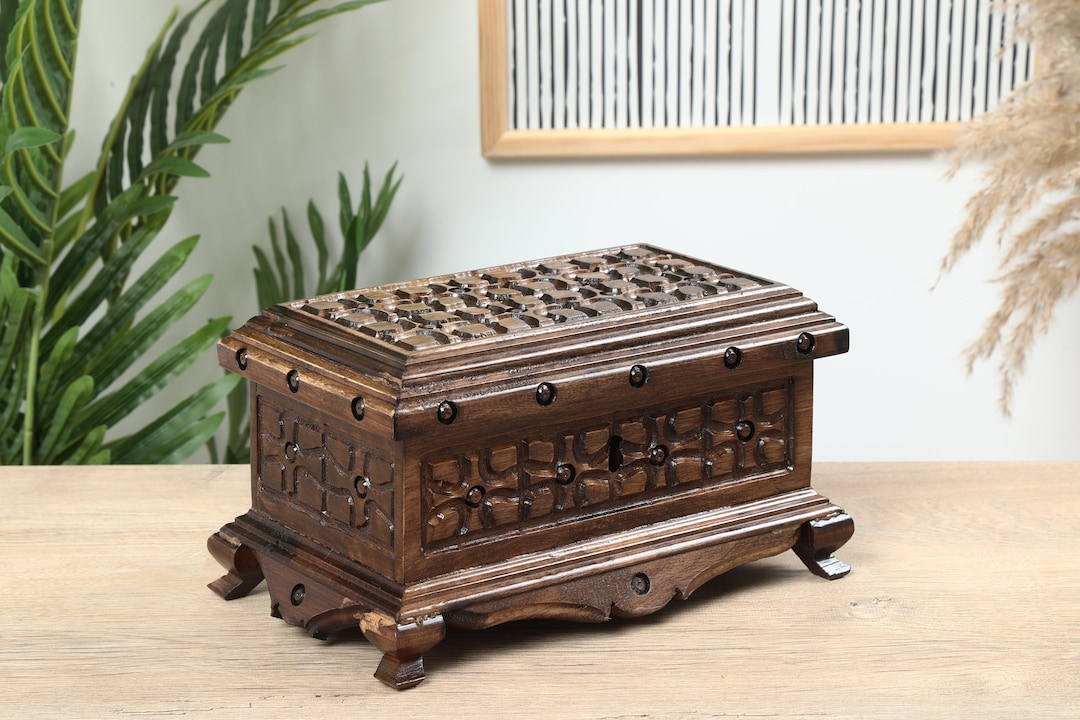 Wooden Carved Box With Mosaic Pattern Jewelry Box With Lock Etsy