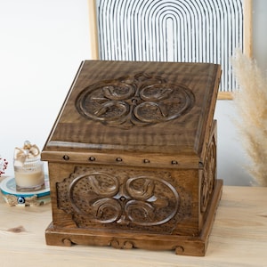 Large Wooden Box with Key, Hand Carved Walnut Treasure Chest, Jewelry Box with Secret Lock, Handmade Wooden Lock Box, Rustic Decor