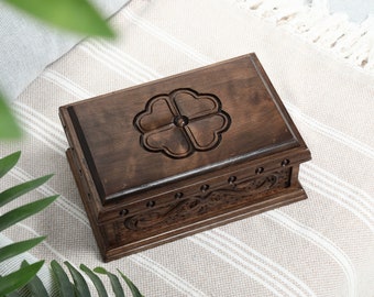 Treasure Chest with Lock, Locked Wooden Jewelry Box with Key, Handmade Engraved Wooden Box, Wooden Storage Box with Lid