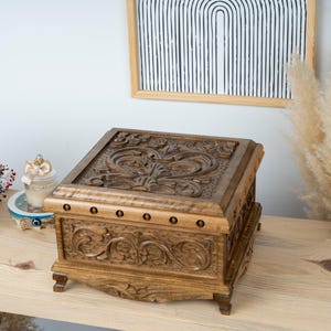 Elegant Wood Box with Secret Lock, Walnut Treasure Chest, Engraved Jewelry Box, Large Wooden Box, Carved Keepsake Box, Storage Chest