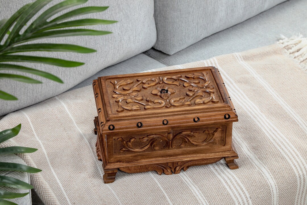 Wooden Jewelry Box With Secret Lock and Key, Hand Carved Walnut Storage ...