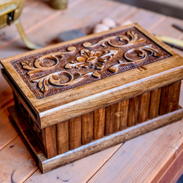 Wooden Puzzle Box, Personalized Puzzle Box, Hand Carved Wooden Secret Lock Box, Jewelery Box, Walnut Secret Lock Box, Wood Memory Box, W1001