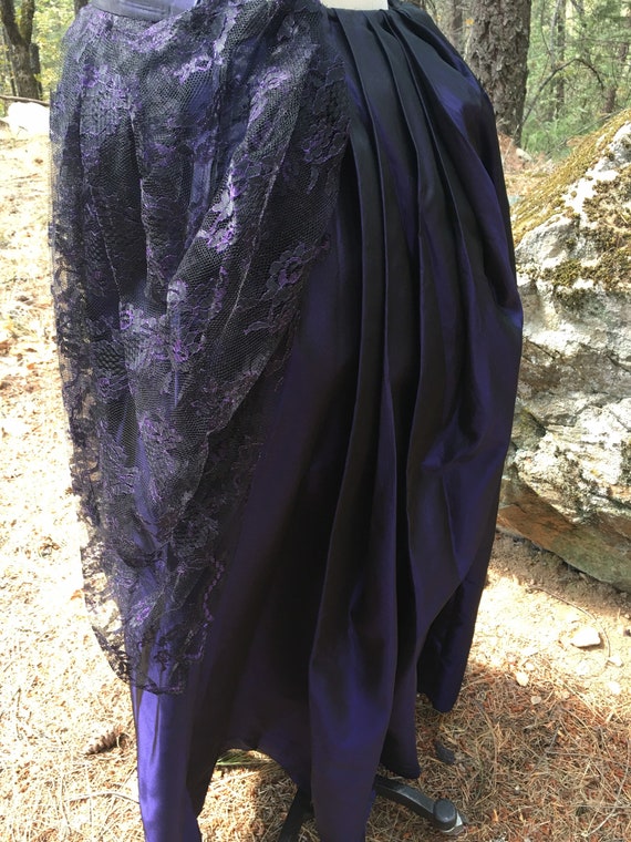 1980s 80s purple taffeta and black lace bustle ski