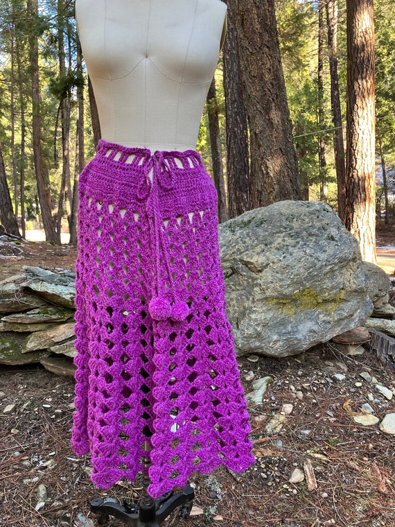 70s 1970s crochet purple skirt handmade boho