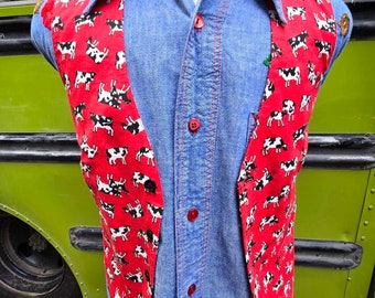 Androgynous novelty print cow vest red black white handmade ooak