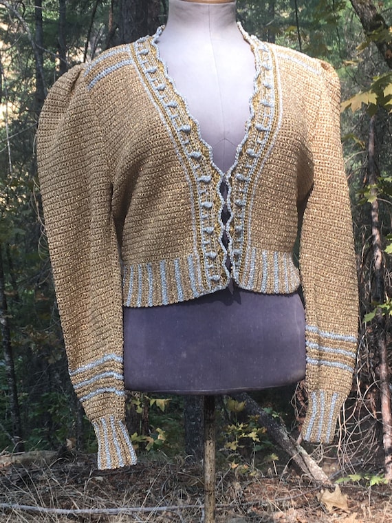 1950s metallic knit puff sleeve sweater gold and … - image 1