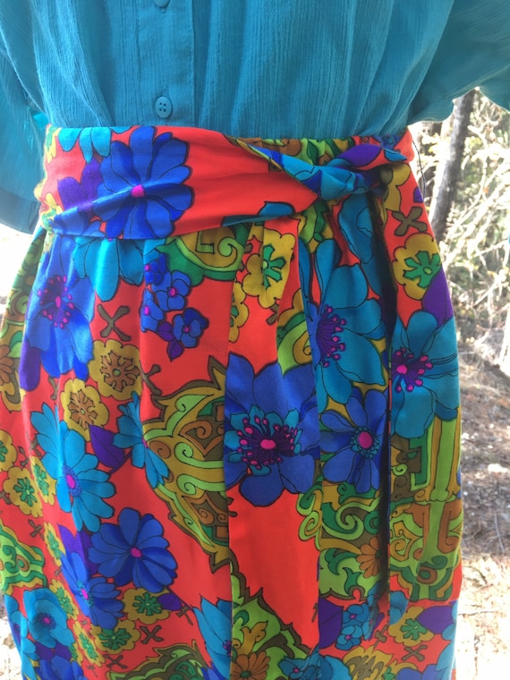 Vintage 70s Neon Psychedelic Maxi Skirt Floral As… - image 1