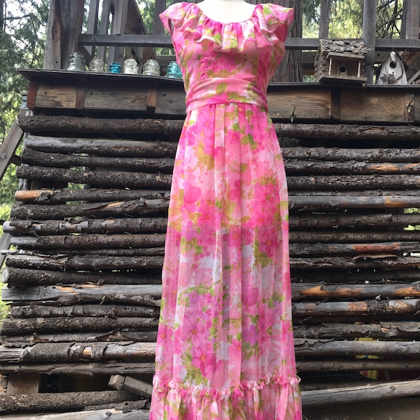 60s 70s hot pink floral psychedelic maxi dress small fabulous costume fun party boho